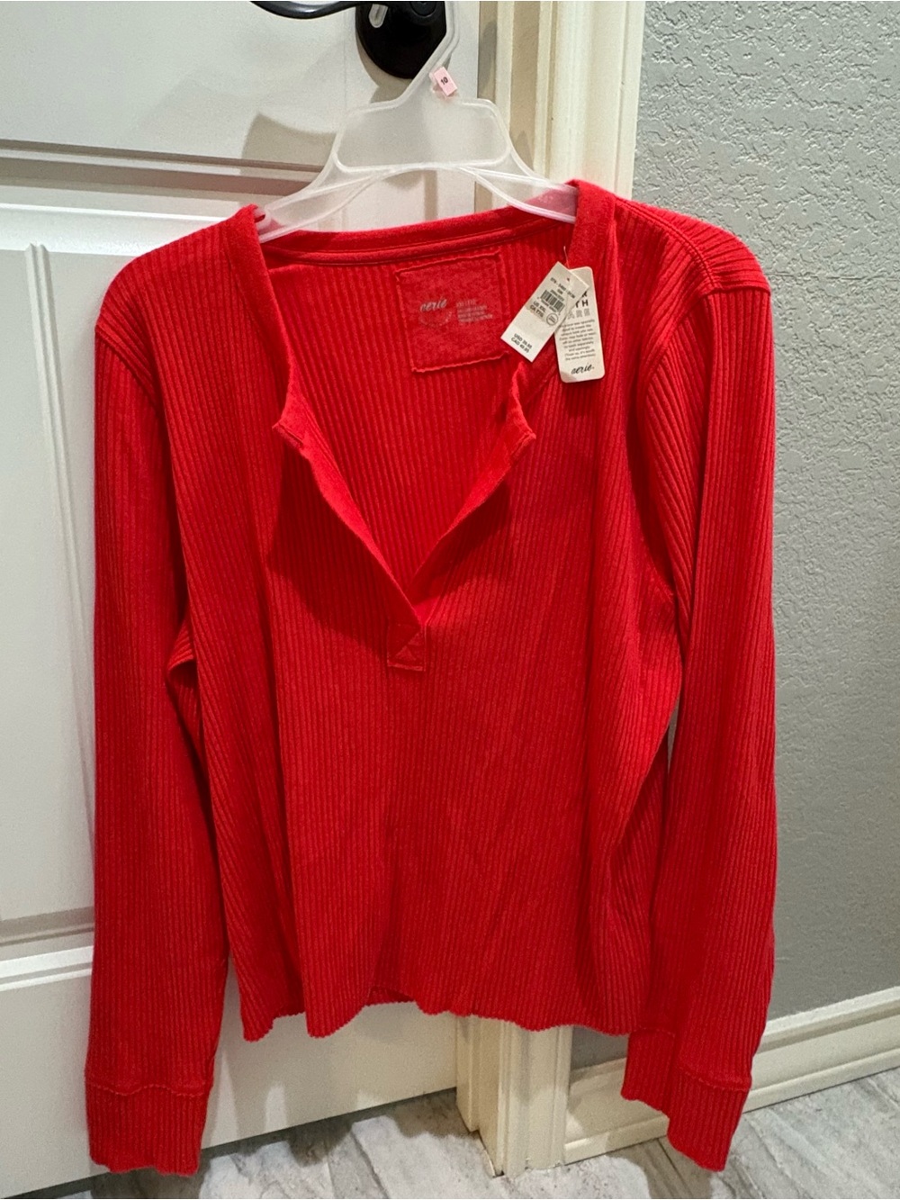 aerie red ribbed henley long sleeve top size XXL